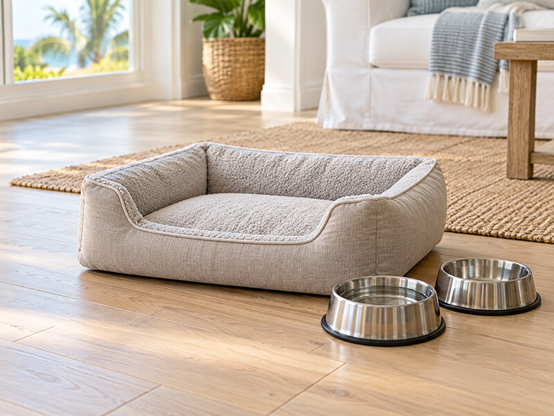 Pet bed and bowls